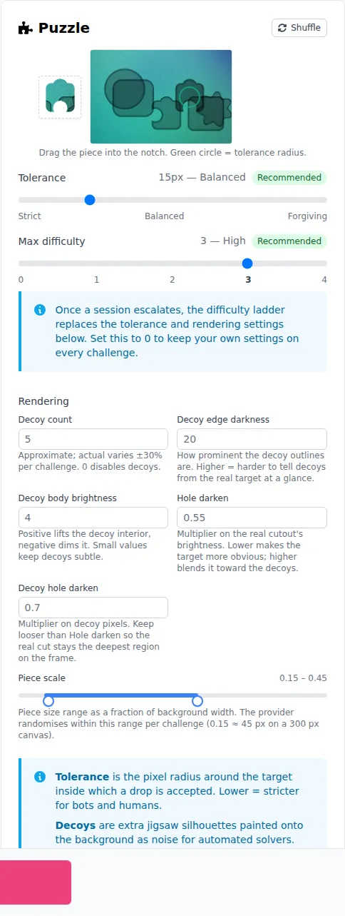 prosopo puzzle CAPTCHA settings and preview