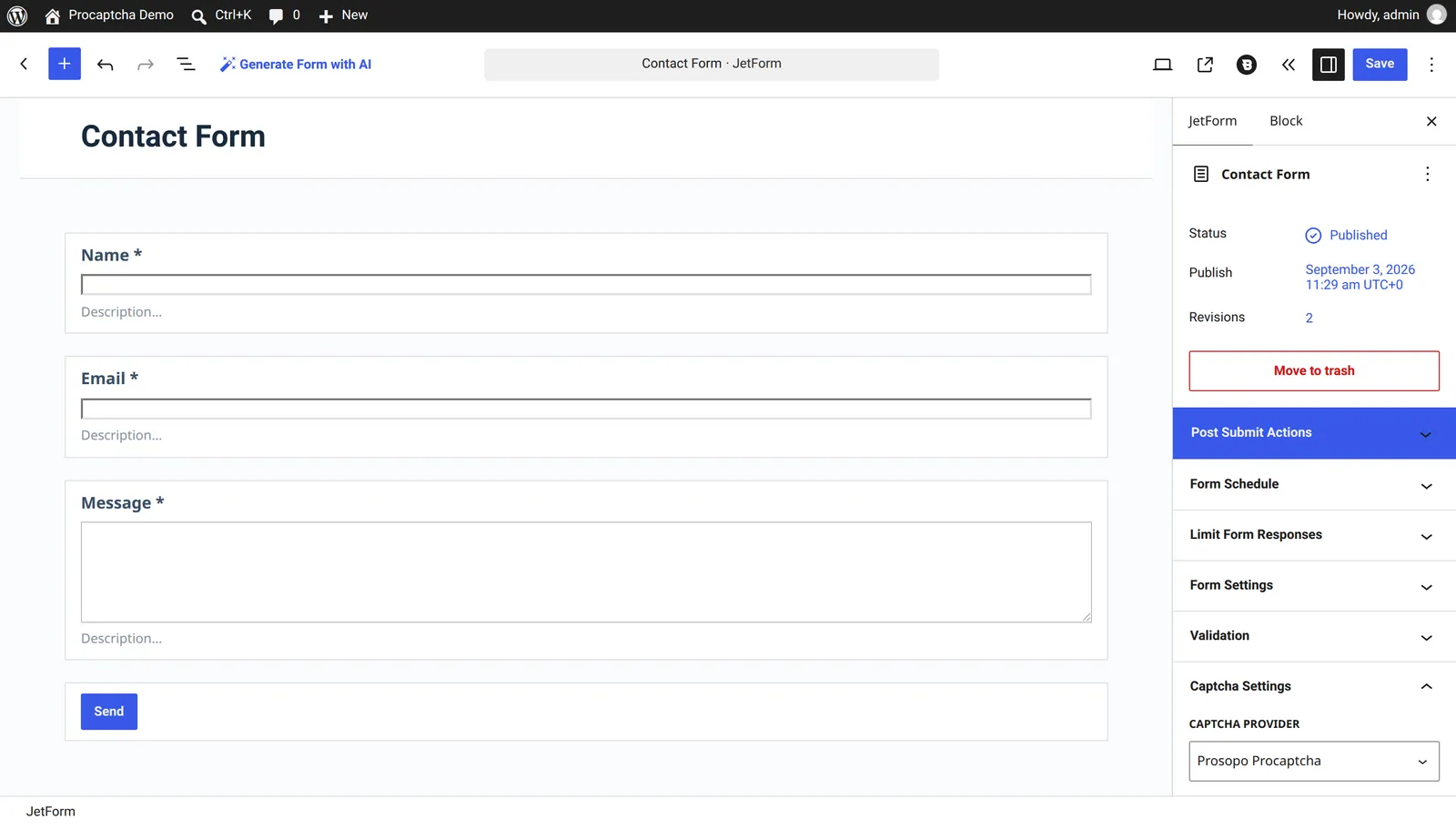 Auswahl von Prosopo Procaptcha als Captcha Provider im JetFormBuilder-Formulareditor