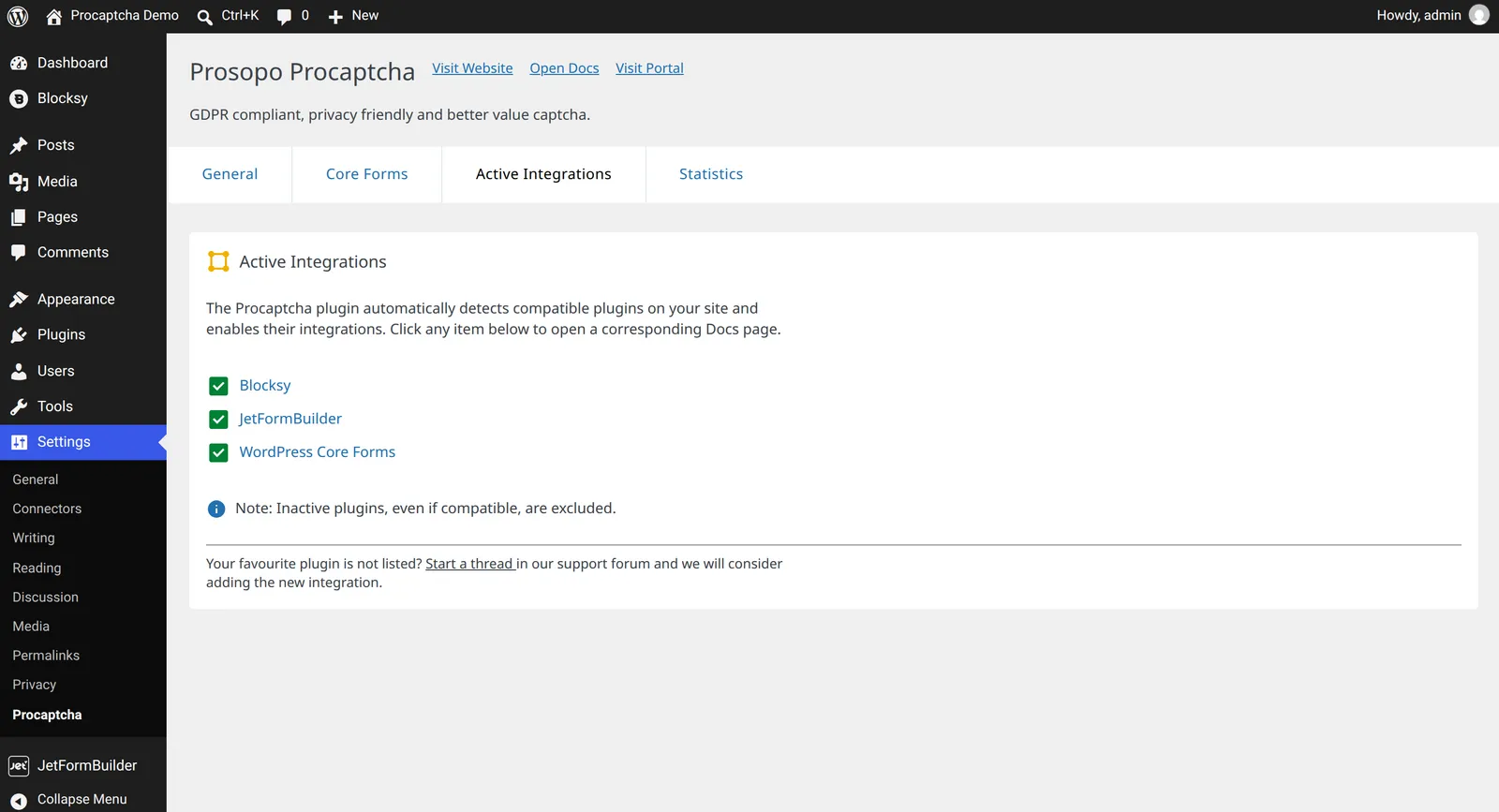 Der Tab "Active Integrations" der Procaptcha-Plugin-Einstellungen